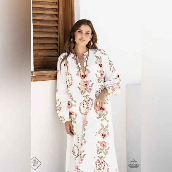 Zara Floral Kaftan Dress Print Midi Linen Cotton Blend XL - Picture 3 of 6